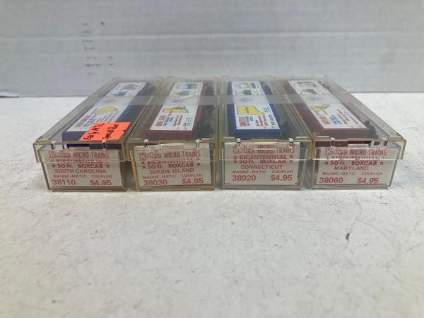 Kadee Micro-Trains Bicentennial 50’ Boxcar 4-Pack – SC 38110, RI 38030, CT 38020, ML 38060 – N Scale LNIB
