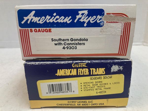 American Flyer Lot of 2 – Seaboard Boxcar #6-48334 & Southern Gondola w/Canisters #4-9303 – S Gauge