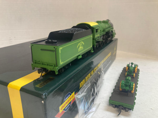 John Deere HO Scale Steam Locomotive & Tender + 40′ Flat Car w/ 2 John Deere GP Tractors – Good Cond., Runs Great, DCC-Ready