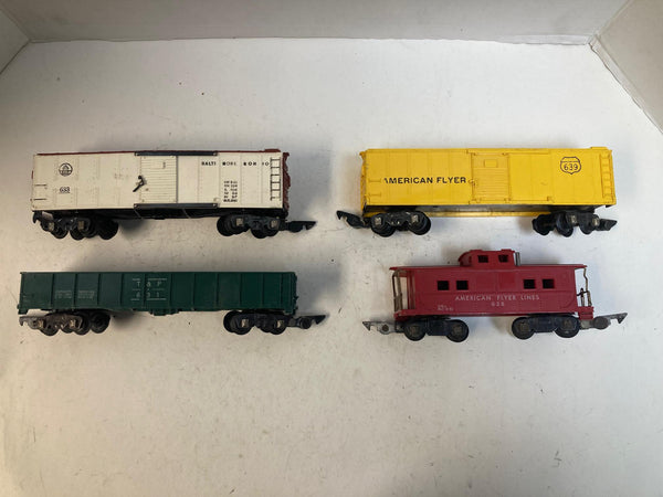 American Flyer 4-Car Freight Lot – B&O Boxcar,  T&P Gondola, AF Boxcar & Caboose – Pre-Owned Good