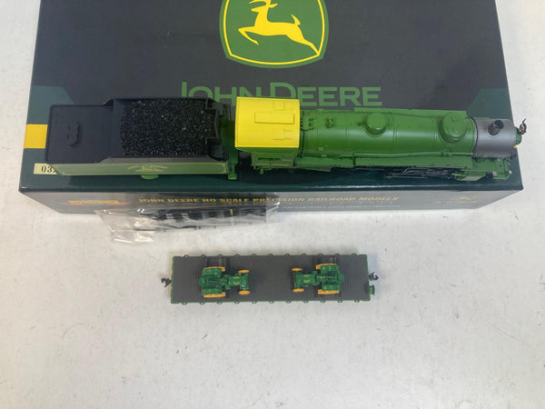 John Deere HO Scale Steam Locomotive & Tender + 40′ Flat Car w/ 2 John Deere GP Tractors – Good Cond., Runs Great, DCC-Ready