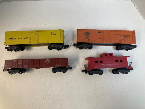 American Flyer 4-Car Freight Lot – Illinois Central Boxcar,  PRR Gondola, AF Boxcar & Caboose – Pre-Owned Good