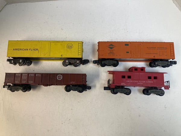 American Flyer 4-Car Freight Lot – Illinois Central Boxcar,  PRR Gondola, AF Boxcar & Caboose – Pre-Owned Good