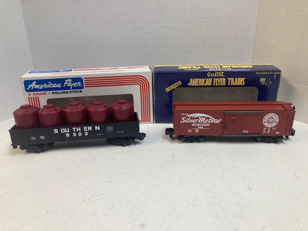 American Flyer Lot of 2 – Seaboard Boxcar #6-48334 & Southern Gondola w/Canisters #4-9303 – S Gauge