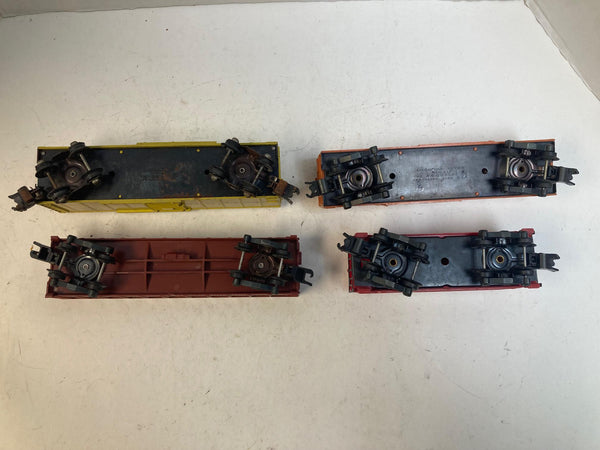 American Flyer 4-Car Freight Lot – Illinois Central Boxcar,  PRR Gondola, AF Boxcar & Caboose – Pre-Owned Good