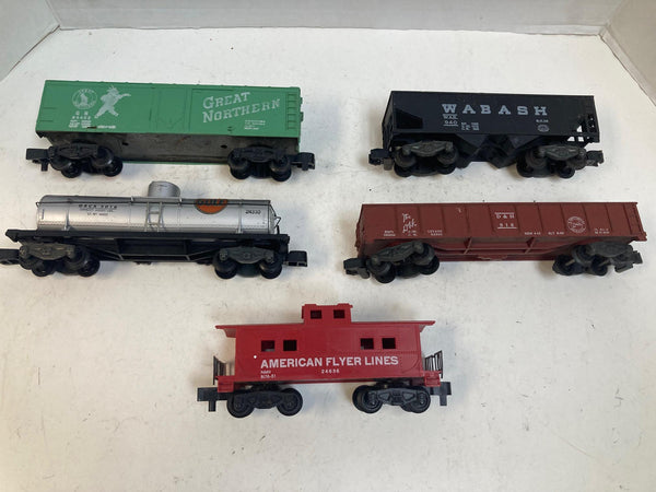 American Flyer 5-Car Freight Lot – Boxcar, Hopper, Tank, Gondola & Caboose – Pre-Owned Good