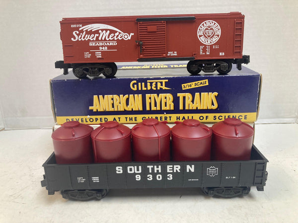 American Flyer Lot of 2 – Seaboard Boxcar #6-48334 & Southern Gondola w/Canisters #4-9303 – S Gauge