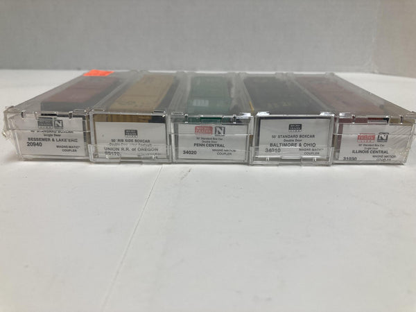 Micro-Trains Box Car 5 pack N Scale (Bessemer& Lake Erie, Union R.R of Oregan, Penn Central, Baltimore & Ohio, Illinois Central)
