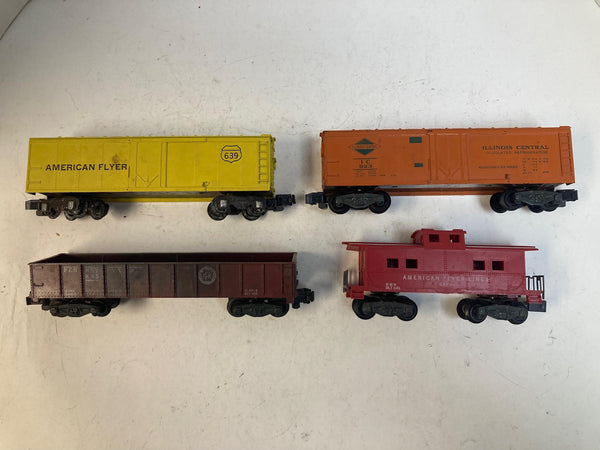 American Flyer 4-Car Freight Lot – Illinois Central Boxcar,  PRR Gondola, AF Boxcar & Caboose – Pre-Owned Good