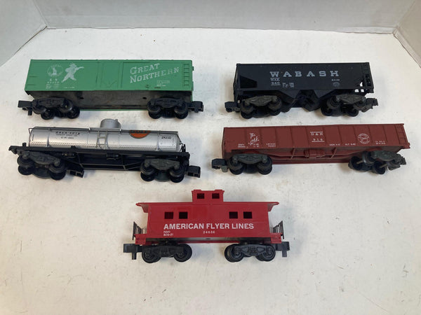 American Flyer 5-Car Freight Lot – Boxcar, Hopper, Tank, Gondola & Caboose – Pre-Owned Good