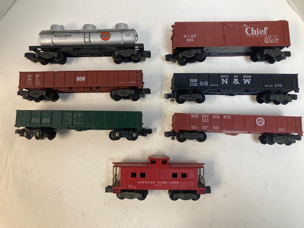 American Flyer 7-Car Freight Lot – Boxcars, Hoppers, Tank, Gondola & Caboose – Pre-Owned Good
