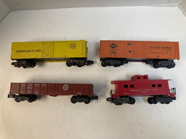 American Flyer 4-Car Freight Lot – Illinois Central Boxcar,  PRR Gondola, AF Boxcar & Caboose – Pre-Owned Good