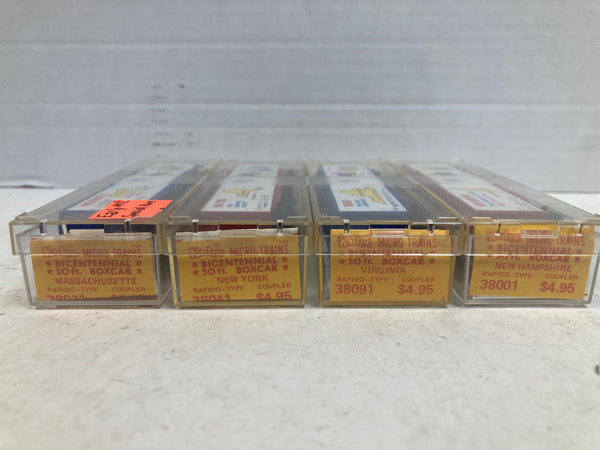 Kadee Micro-Trains Bicentennial 50’ Boxcar 4-Pack – Massachusetts 38011, NY 38041, Virginia 38091, NH 38001– N Scale LNIB