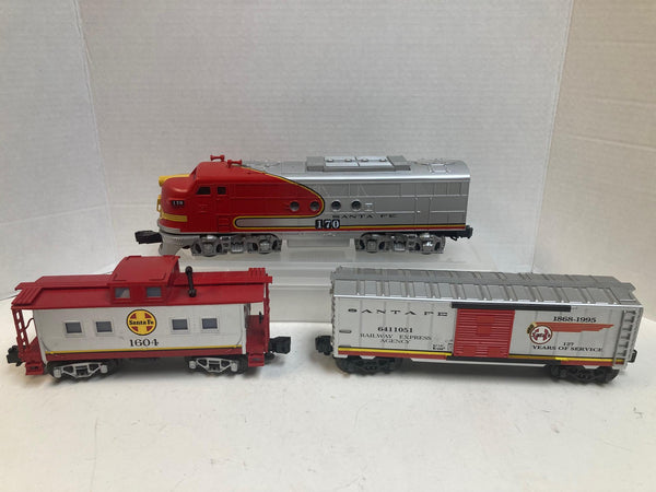 O Gauge Santa Fe Lot – Lionel 170 Loco, MTH Caboose 1604, K-Line Boxcar 6411051 – Red/Yellow/Grey