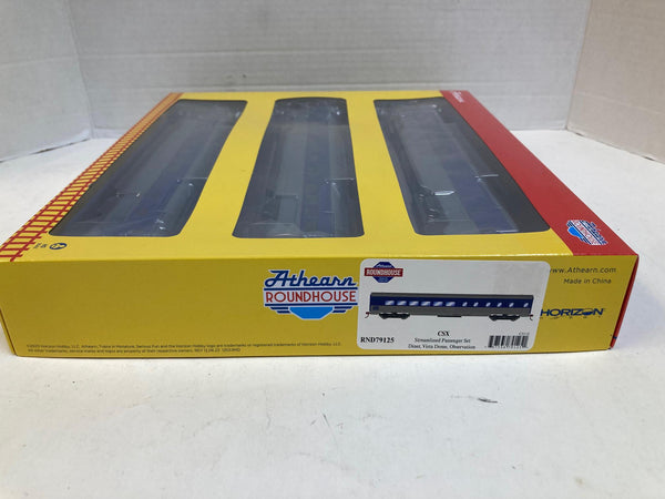 Athearn Roundhouse HO CSX Streamlined Passenger Car Set – Diner, Vista Dome, Observation – RND79125 – New Sealed