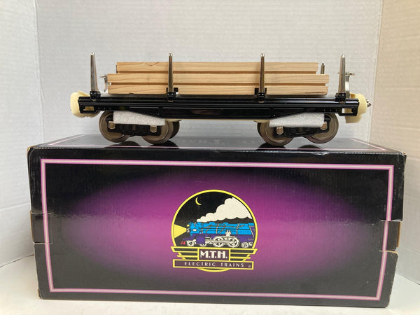 MTH Tinplate Traditions No. 211 Flat Car 10-1071 – Black w/ Nickel Trim & Authentic Wood Load – NOS