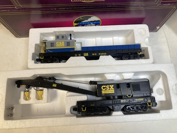 MTH Premier O Scale CSX Crane Car & Crane Tender Set 20-98387 & 20-98390 Boxed