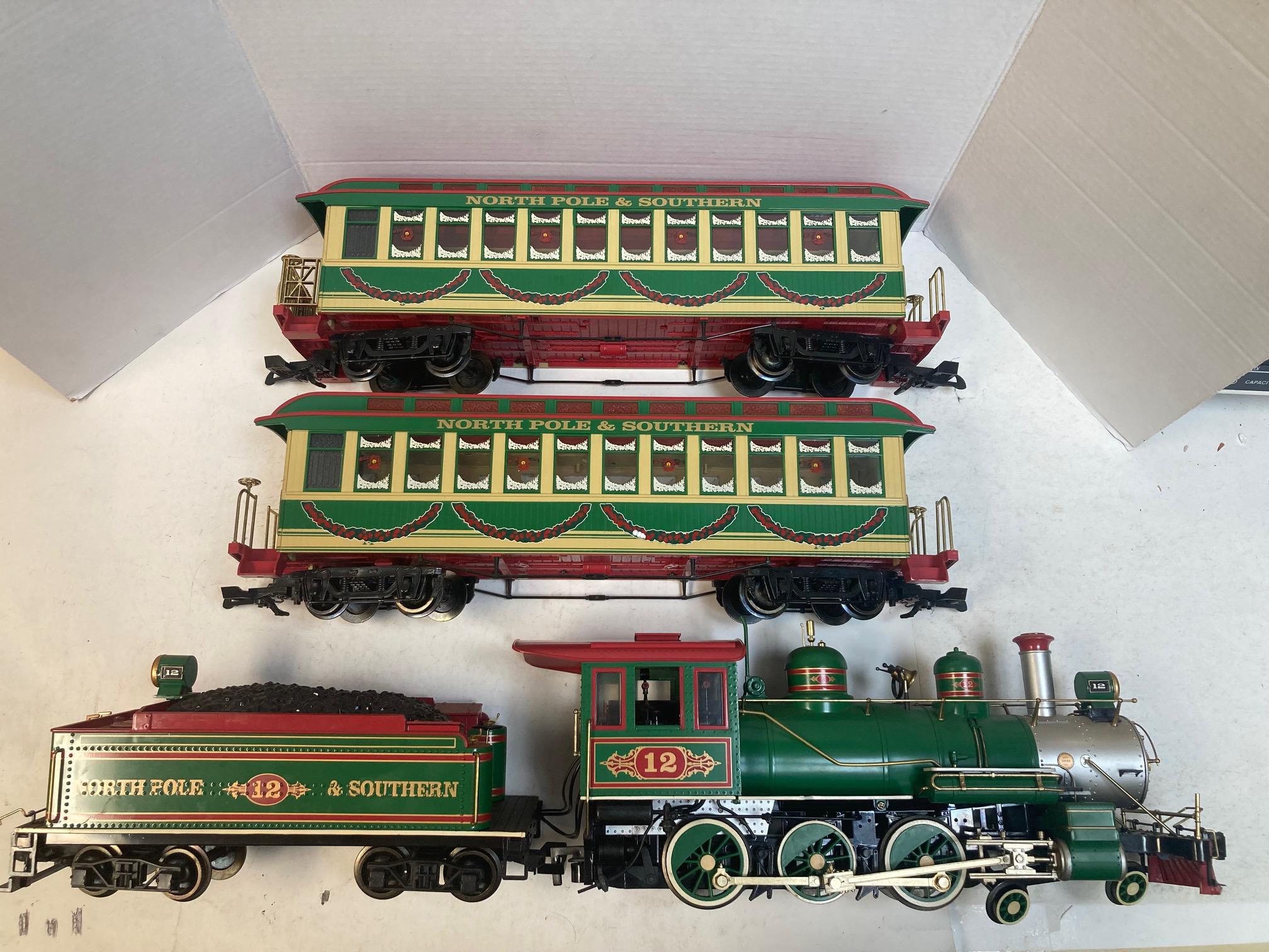 Bachmann G Gauge North Pole & Southern #12 Steam Locomotive & 2 Passenger Cars – Sounds, Smokes, and Lights