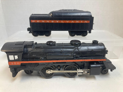 Lionel 250 2-4-2 Steam Locomotive with Matching Pennsylvania Tender (Orange Stripe) – Early Postwar (1945–1946)