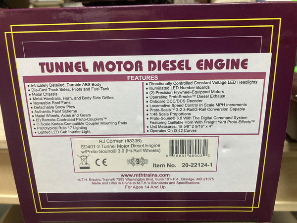 MTH Premier 20-22124-1 RJ Corman SD40T-2 Tunnel Motor #8336 PS3.0 O BRAND NEW