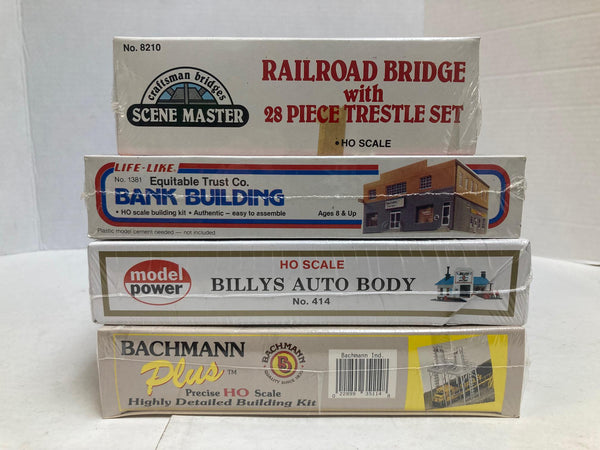 HO Kits Lot of 4 *BRAND NEW SEALED*: Diesel Sand Towers/Auto Shop/Bank Building/Bridge: Bachmann/Model Power/Life Lik