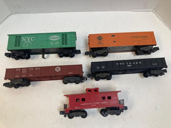 American Flyer 5-Car Freight Lot – Operating Boxcar, Boxcar, Gondolas & Caboose – Pre-Owned Good
