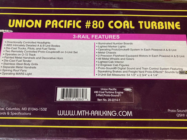 MTH Premier 20-2214-1 Union Pacific #80 Coal Turbine 3-Unit Set - BCR UPGRADED