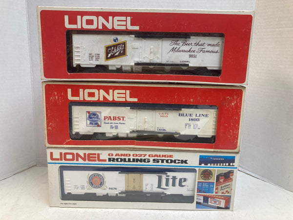 Lionel Beer Reefer Lot (3 Cars) - Schlitz, PBR, Miller Lite - 6-9851, 6-9859, 6-9874 - O Gauge