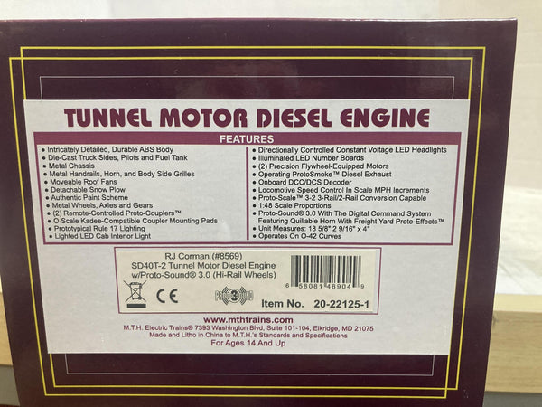 MTH Premier 20-22125-1 RJ Corman SD40T-2 Tunnel Motor #8569 PS3.0 O BRAND NEW