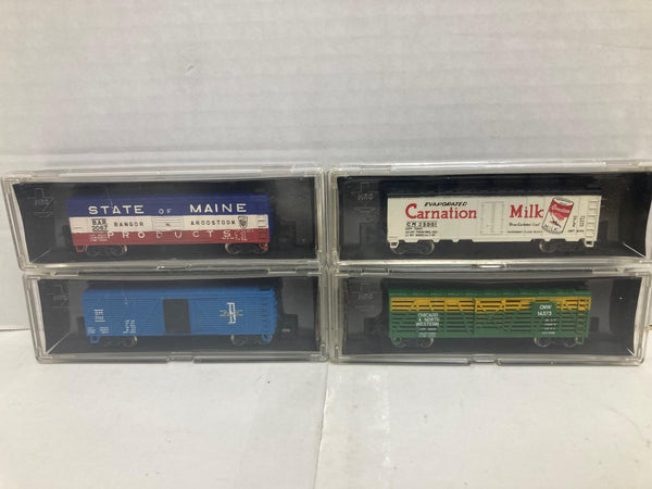 MRC N Gauge 4 Freight Car Set: Main Box, B&M Box, C&NW Stock, Carnation Milk Refrig. (8030, 8020, 7073, 8010)