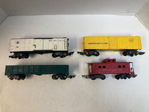 American Flyer 4-Car Freight Lot – B&O Boxcar,  T&P Gondola, AF Boxcar & Caboose – Pre-Owned Good