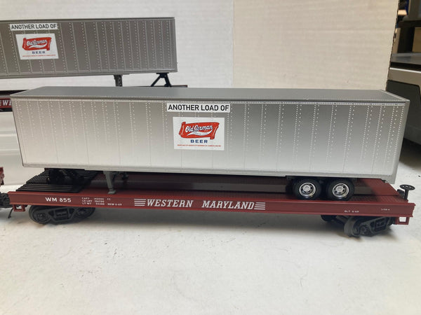 MTH Premier Western Maryland Flatcars w/ Old German Beer Trailers (3) O Scale