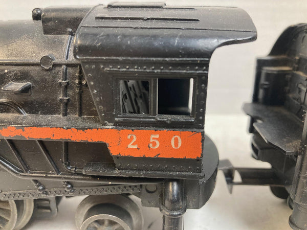 Lionel 250 2-4-2 Steam Locomotive with Matching Pennsylvania Tender (Orange Stripe) – Early Postwar (1945–1946)