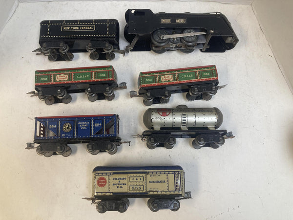 Marx Prewar O Gauge Commodore Vanderbilt Steam Loco Set - NYC Tender & 5 Tin Cars (Tab Couplers)