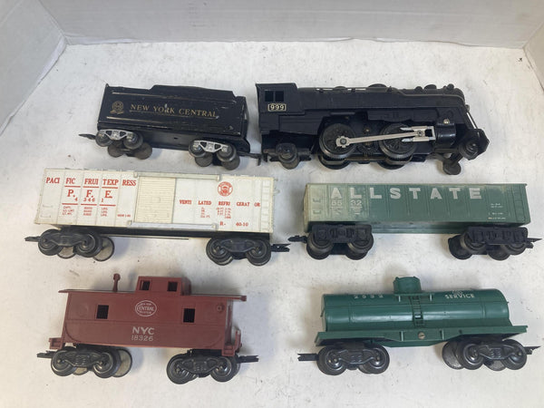 Vintage Marx O Gauge 999 Steam Locomotive & Tender w/ 4 Freight Cars - Tilt Couplers