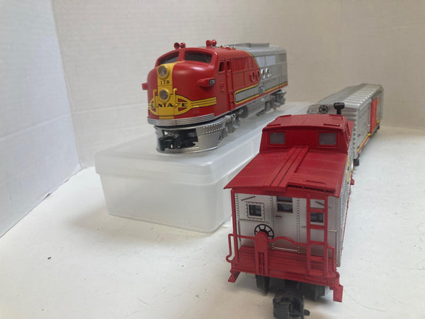 O Gauge Santa Fe Lot – Lionel 170 Loco, MTH Caboose 1604, K-Line Boxcar 6411051 – Red/Yellow/Grey