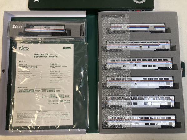 Kato N Scale Amtrak Passenger Train Set – F40PH #405 Locomotive & Superliner I Phase III 6-Car Set