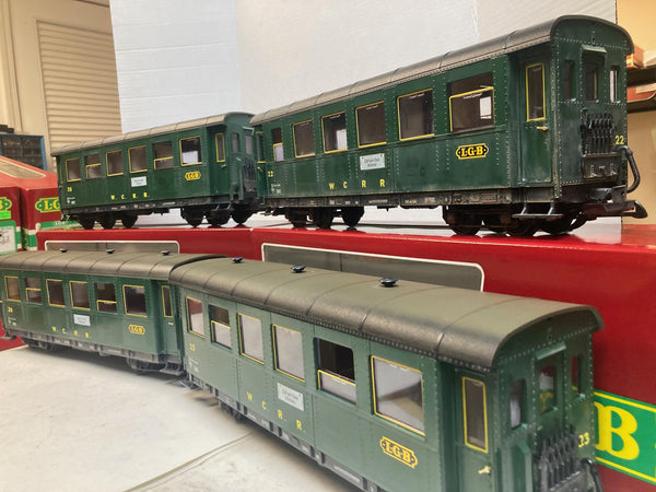 LGB 4-Car Passenger Set 3062 (#22, 23, 25, 28) Custom Weathered W.C.R.R. – G Scale – Very Good