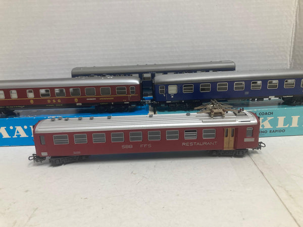 Marklin HO Scale 4 lot: 3 Passenger Cars, 1 Dining Car (RESTAURANT) SBB FFS German (4024,4027,4049,4068)