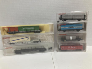 Fleishmann N Scale Bundle: (7 Count) Long Flats cars, Boxcars, Gondola, Flat car