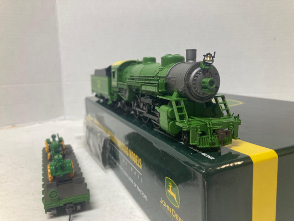 John Deere HO Scale Steam Locomotive & Tender + 40′ Flat Car w/ 2 John Deere GP Tractors – Good Cond., Runs Great, DCC-Ready