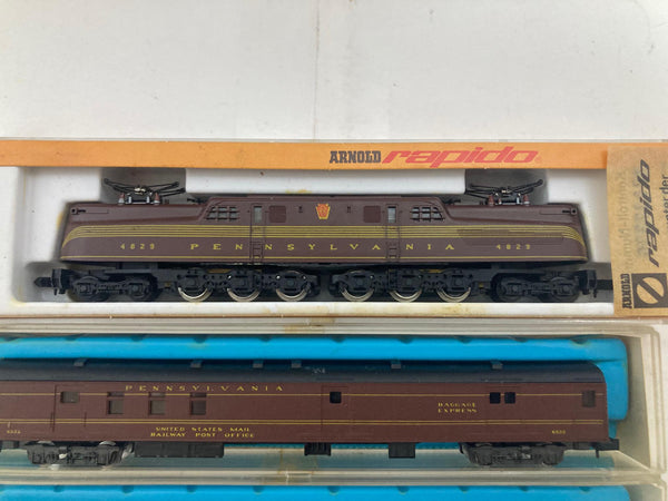 Arnold GG1 Pensylvania Tuscan N Scale w/ 4 Atlas 85' Passenger Cars: Baggage, Observation, Diner, Roomette (0275M, 2623,2651,2652,2654))