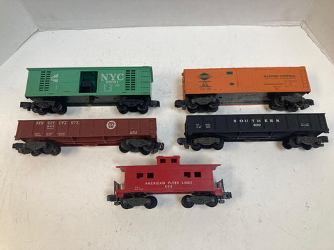 American Flyer 5-Car Freight Lot – Operating Boxcar, Boxcar, Gondolas & Caboose – Pre-Owned Good