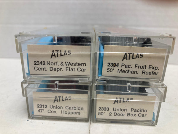 Atlas N Scale 4 Freight Car Set V1: N&W Flat Car, UC Hopper, PFE Reefer, UP Box Car (2342,2312,2304,2333)