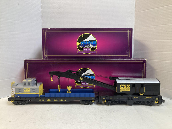 MTH Premier O Scale CSX Crane Car & Crane Tender Set 20-98387 & 20-98390 Boxed