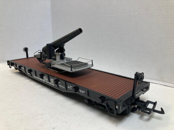 G Scale Flatcar “Baltimore & Ohio #8408” w/ Custom Metal Cannon Load – Functional Gears & Cranks