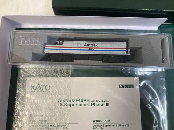 Kato N Scale Amtrak Passenger Train Set – F40PH #405 Locomotive & Superliner I Phase III 6-Car Set