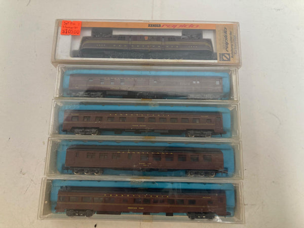 Arnold GG1 Pensylvania Tuscan N Scale w/ 4 Atlas 85' Passenger Cars: Baggage, Observation, Diner, Roomette (0275M, 2623,2651,2652,2654))