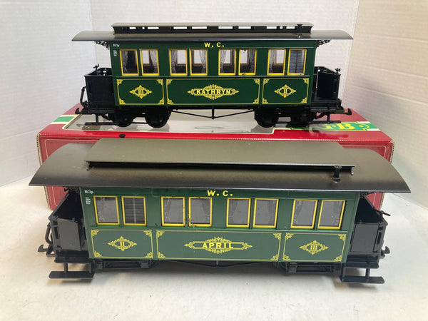 LGB 2-Car Passenger Set 3060 – Custom W.C.R.R. “Kathryn” & “April” Lettered Cars – G Scale – Excellent
