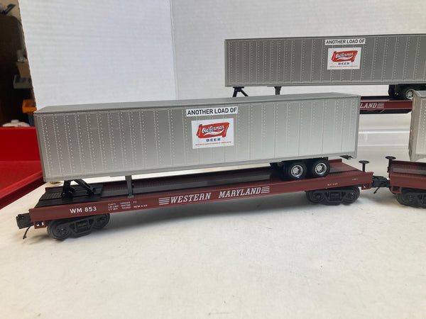 MTH Premier Western Maryland Flatcars w/ Old German Beer Trailers (3) O Scale